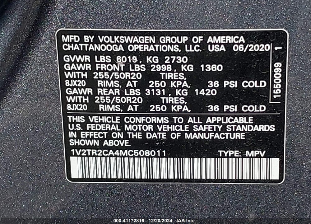 2021 VOLKSWAGEN ATLAS 3.6L V6 SEL PREMIUM VIN: 1V2TR2CA4MC508011
