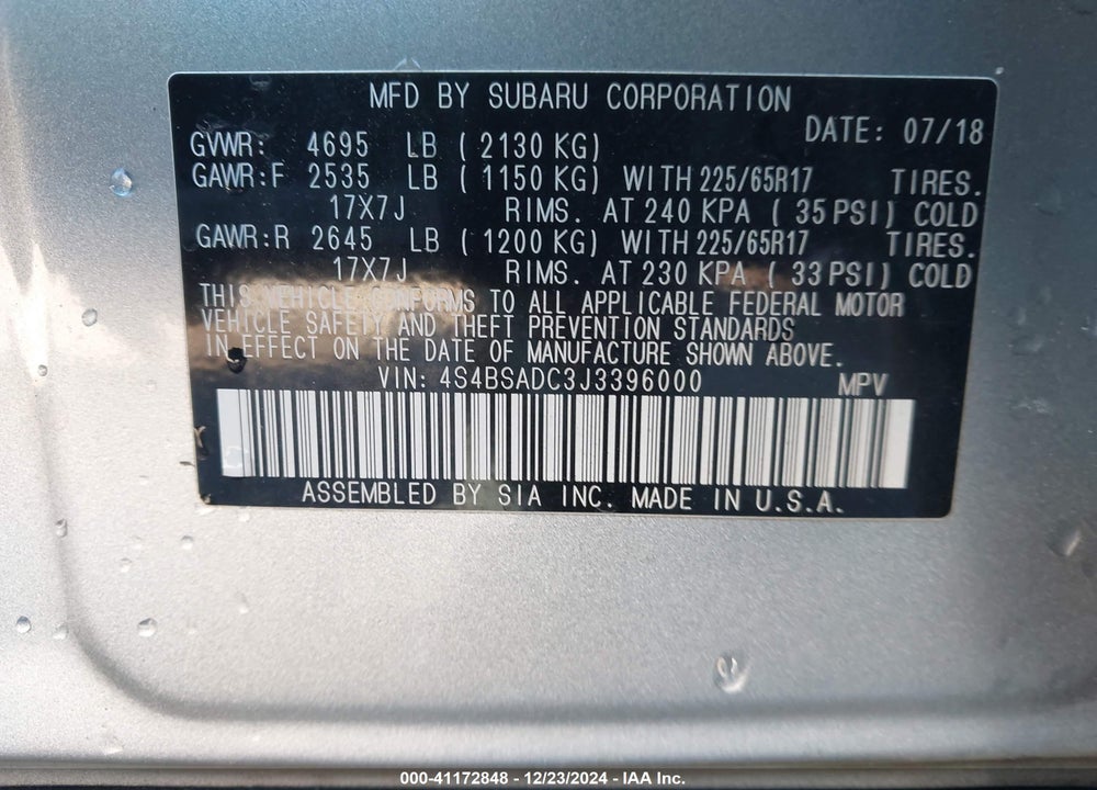 2018 SUBARU OUTBACK 2.5I PREMIUM VIN: 4S4BSADC3J3396000
