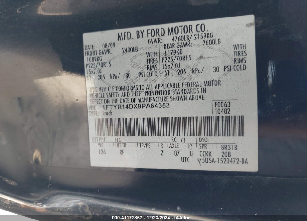 2009 FORD RANGER VIN: 1FTYR14DX9PA64353