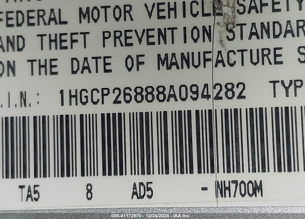 2008 HONDA ACCORD VIN: 1HGCP26888A094282