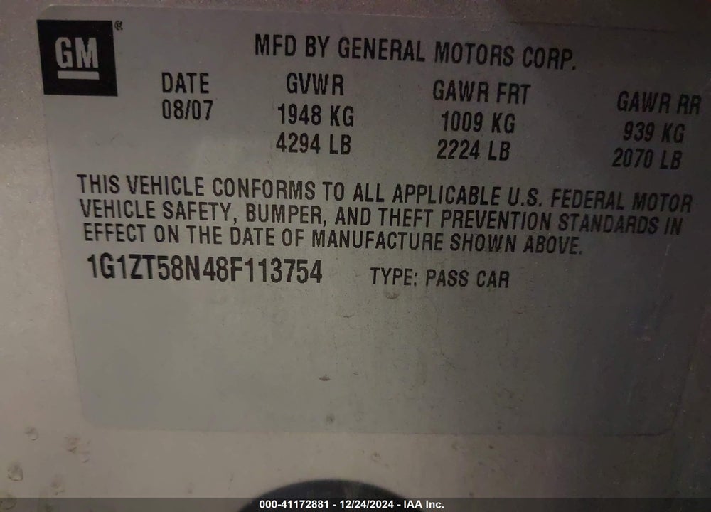 2008 CHEVROLET MALIBU CLASSIC LT VIN: 1G1ZT58N48F113754