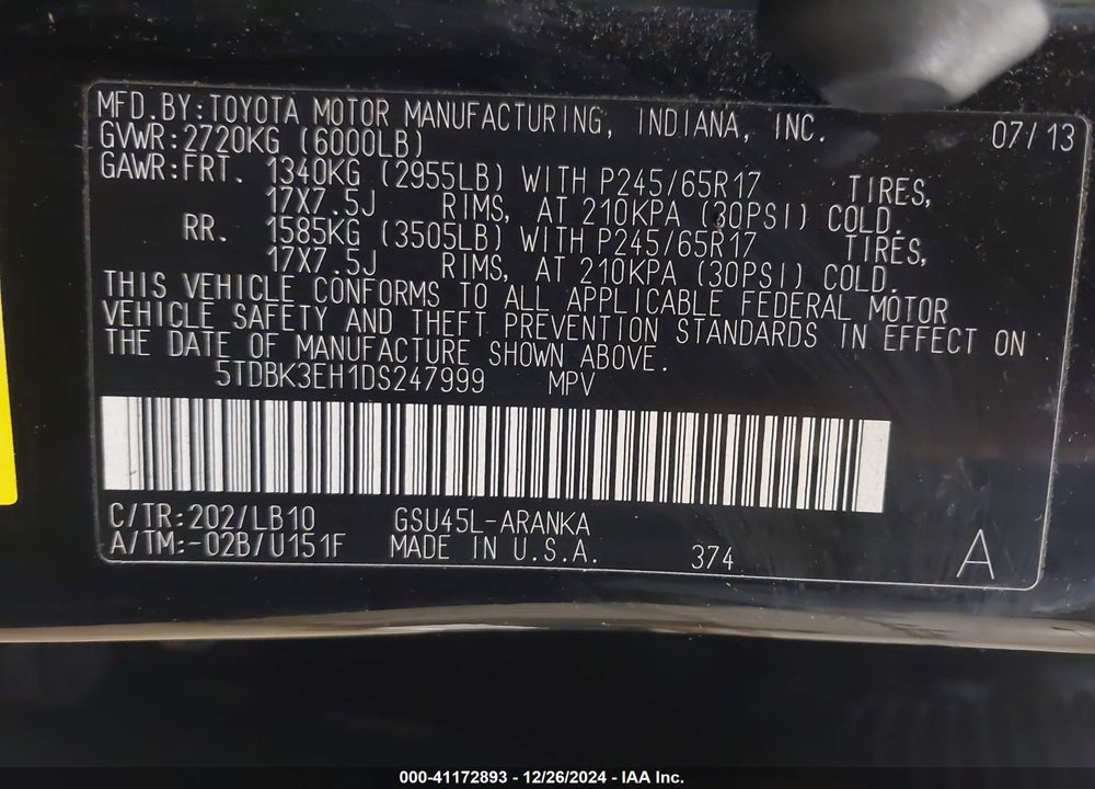 2013 TOYOTA HIGHLANDER PLUS/SE VIN: 5TDBK3EH1DS247999