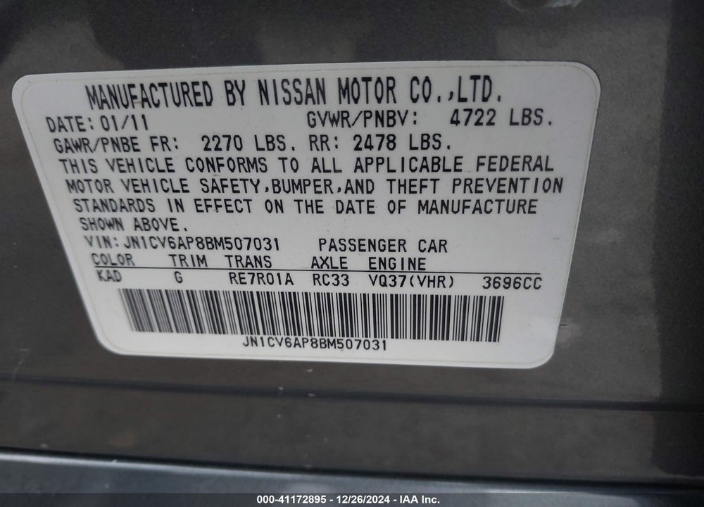 2011 INFINITI G37 JOURNEY VIN: JN1CV6AP8BM507031