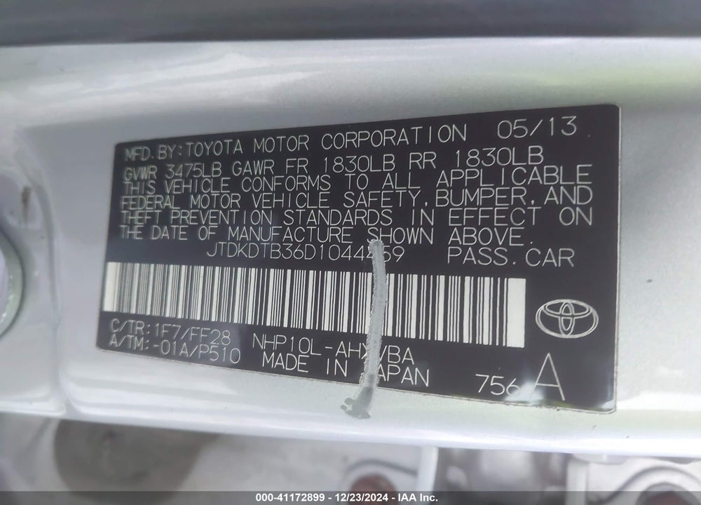 2013 TOYOTA PRIUS C VIN: JTDKDTB36D1044459