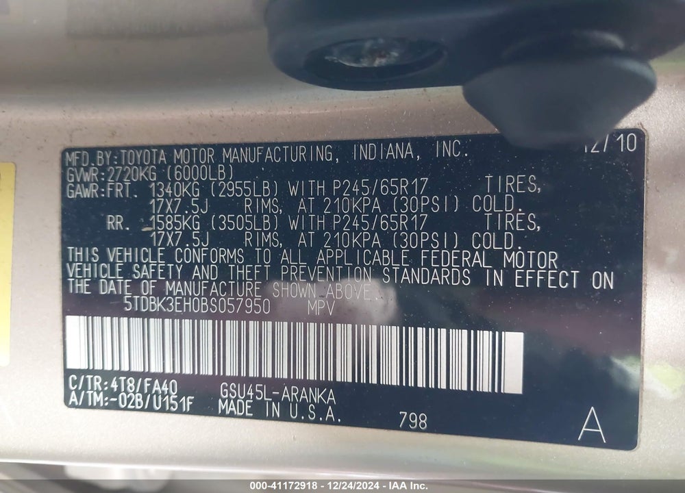 2011 TOYOTA HIGHLANDER SE VIN: 5TDBK3EH0BS057950
