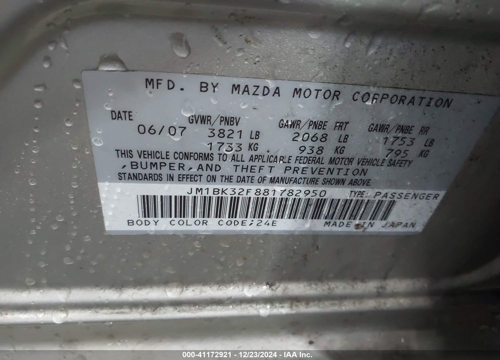 2008 MAZDA 3 I VIN: JM1BK32F881782950