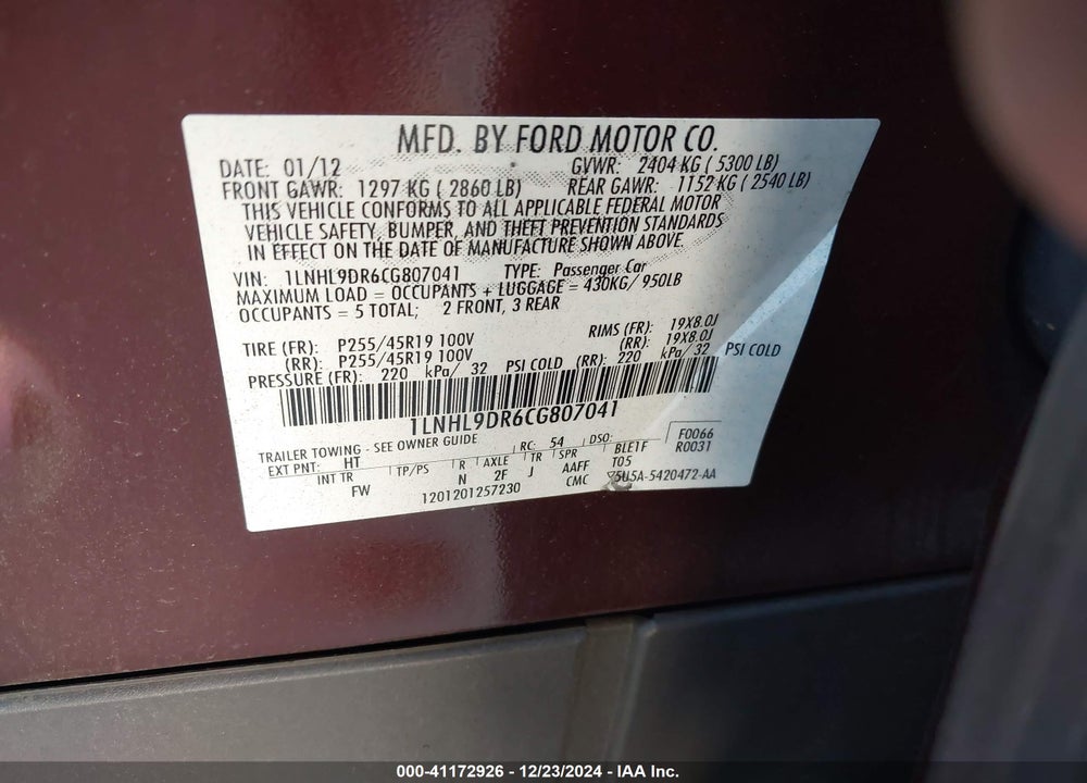 2012 LINCOLN MKS VIN: 1LNHL9DR6CG807041