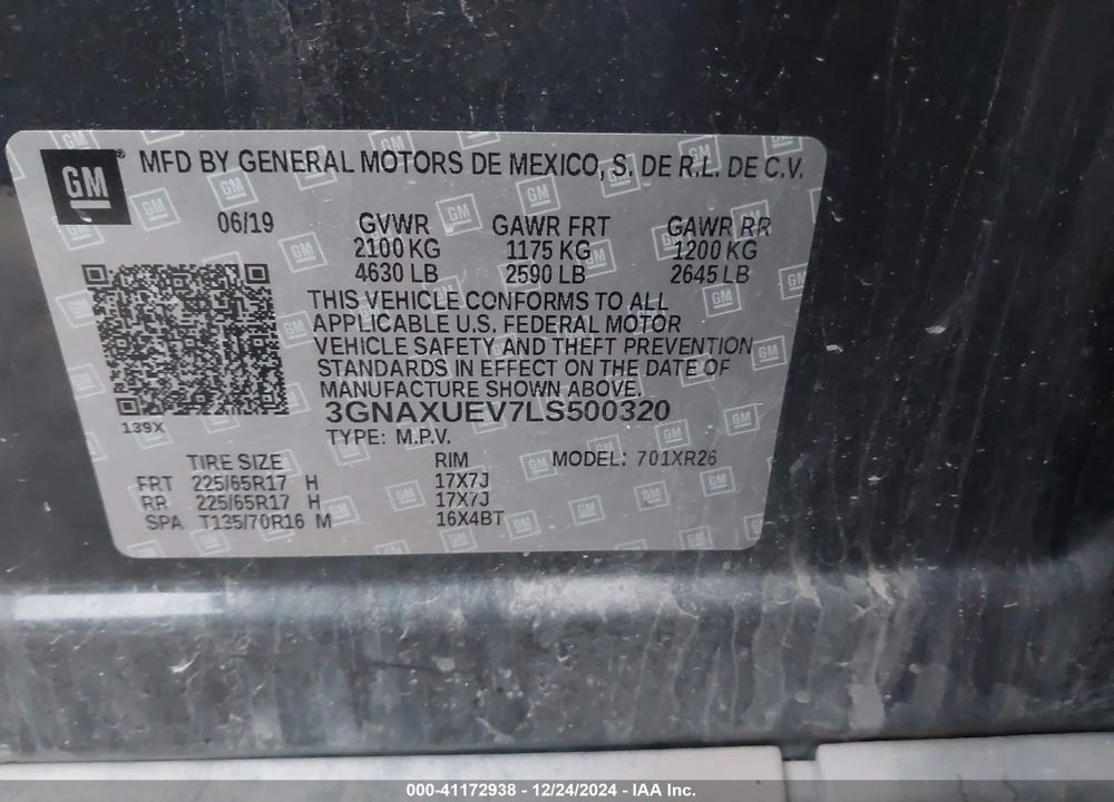 2020 CHEVROLET EQUINOX VIN: 3GNAXUEV7LS500320
