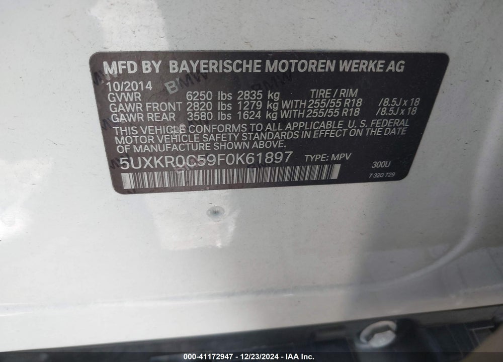 2015 BMW X5 XDRIVE35I VIN: 5UXKR0C59F0K61897