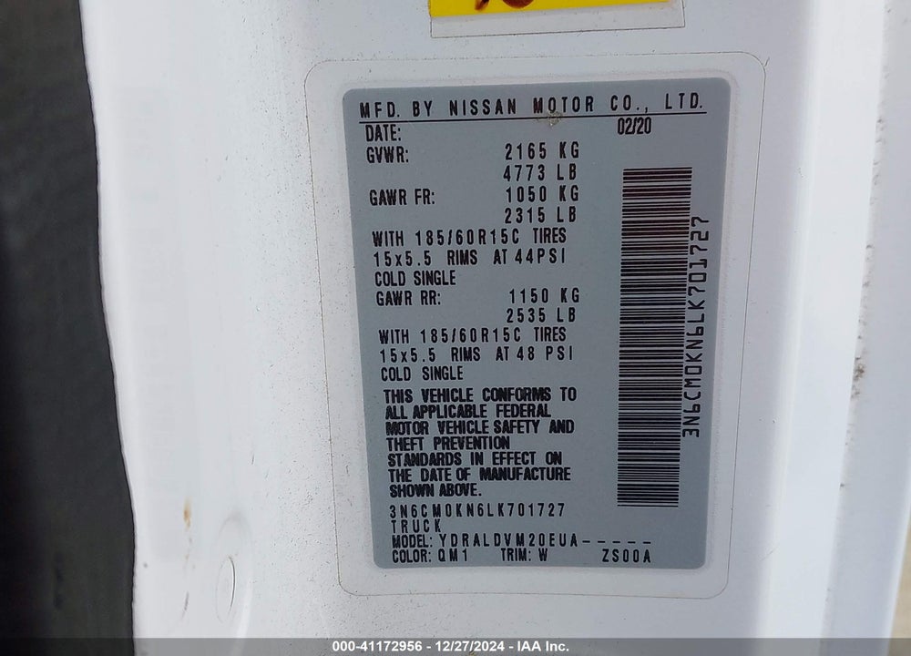 2020 NISSAN NV200  CARGO S XTRONIC CVT VIN: 3N6CM0KN6LK701727