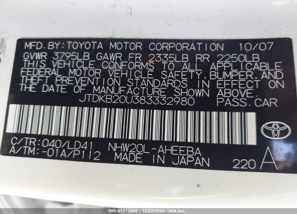 2008 TOYOTA PRIUS VIN: JTDKB20U383332980