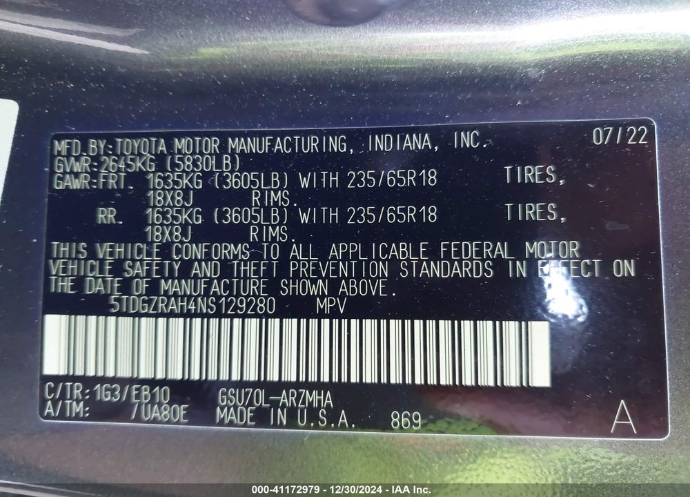 2022 TOYOTA HIGHLANDER XLE VIN: 5TDGZRAH4NS129280