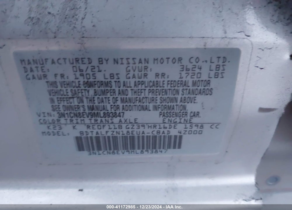 2021 NISSAN VERSA VIN: 3N1CN8EV9ML893847