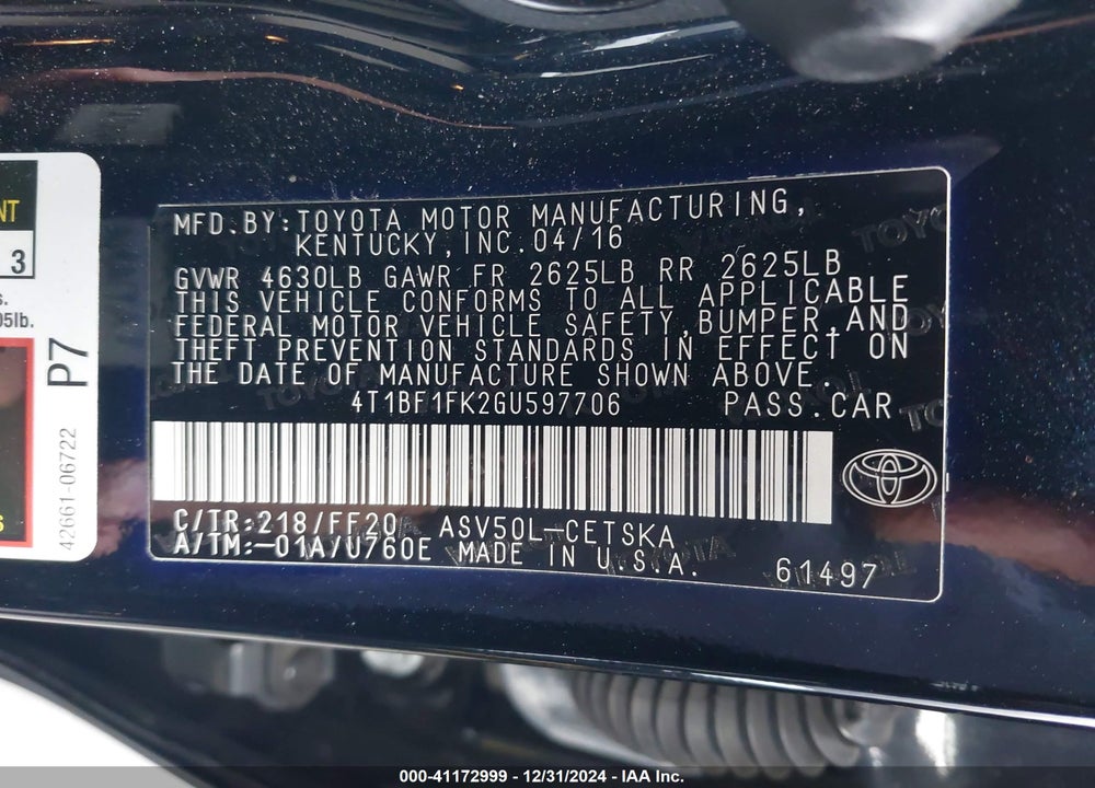 2016 TOYOTA CAMRY SE VIN: 4T1BF1FK2GU597706