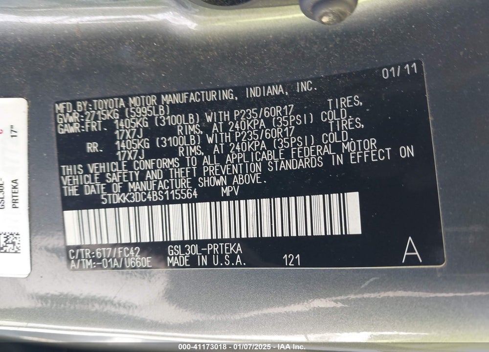2011 TOYOTA SIENNA LE V6 VIN: 5TDKK3DC4BS115564