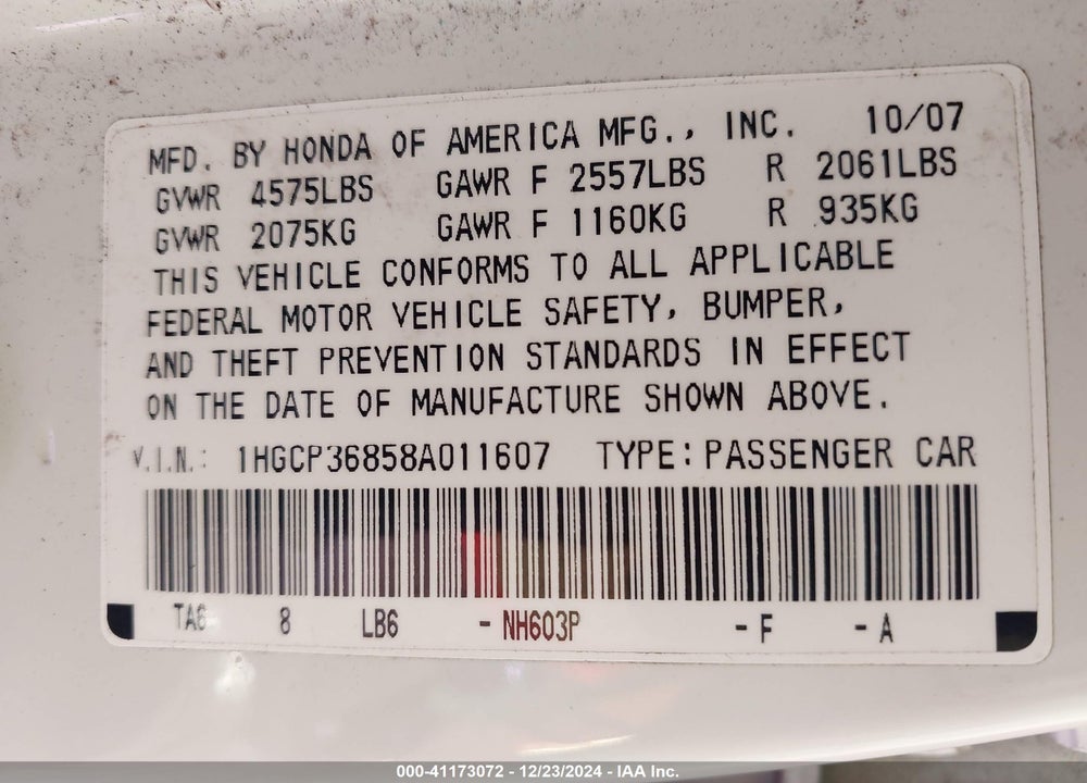 2008 HONDA ACCORD 3.5 EX-L VIN: 1HGCP36858A011607