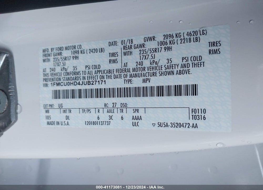 2018 FORD ESCAPE SEL VIN: 1FMCU0HD4JUB27171