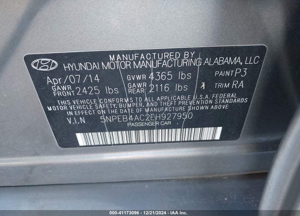 2014 HYUNDAI SONATA GLS VIN: 5NPEB4AC2EH927950