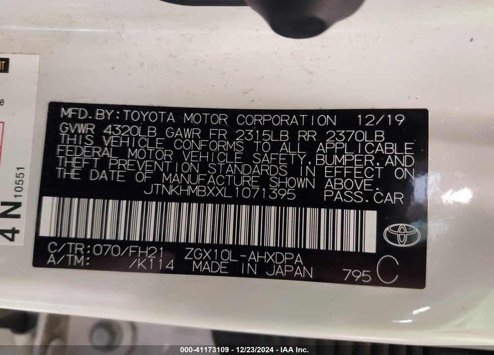 2020 TOYOTA C-HR LE VIN: JTNKHMBXXL1071395