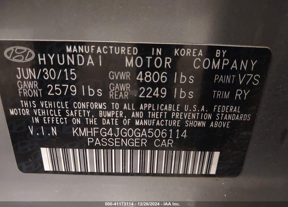 2016 HYUNDAI AZERA VIN: KMHFG4JG0GA506114