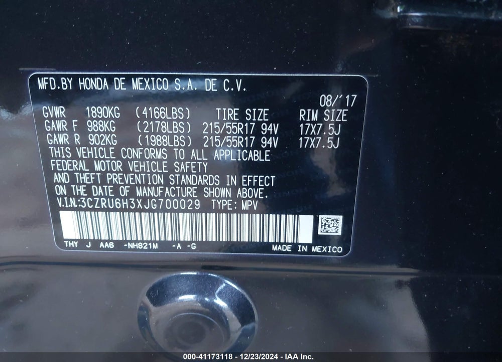 2018 HONDA HR-V VIN: 3CZRU6H3XJG700029