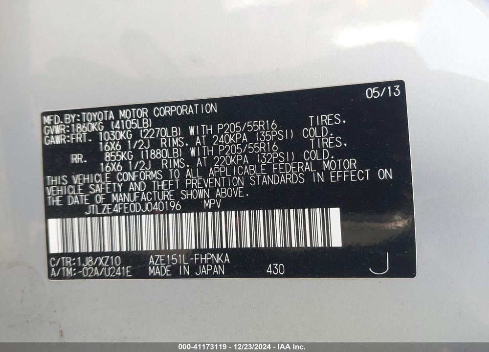 2013 SCION XB VIN: JTLZE4FE0DJ040196
