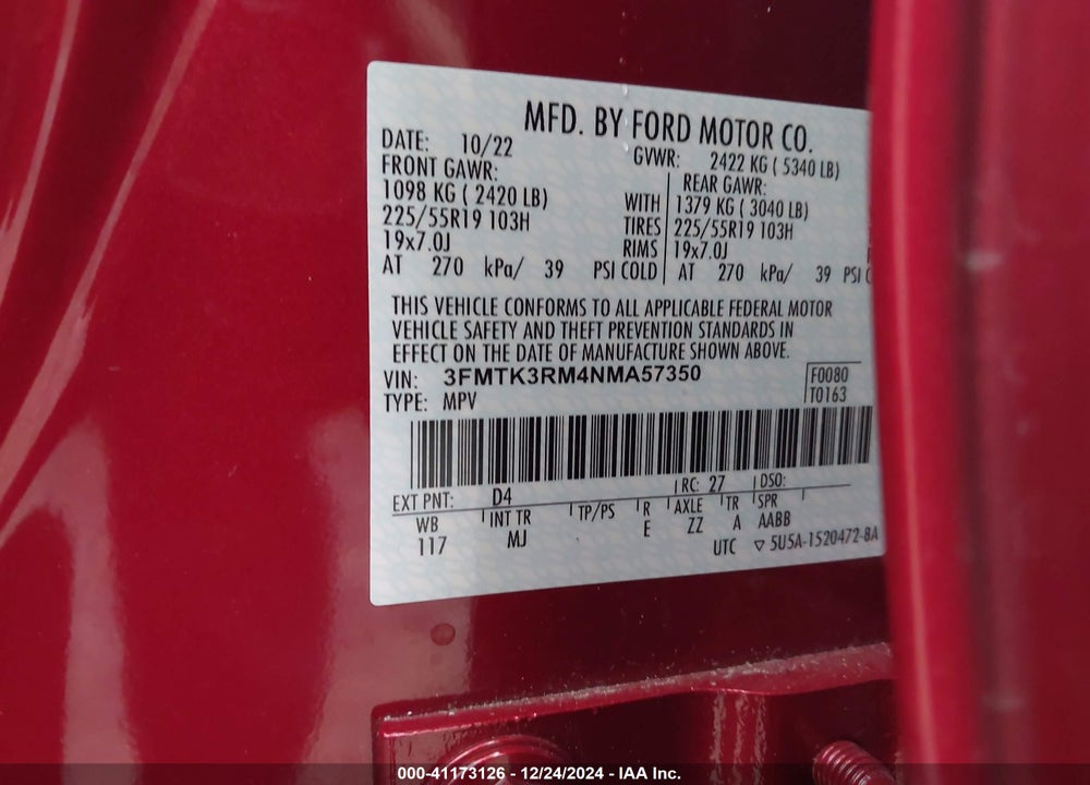 2022 FORD MUSTANG MACH-E VIN: 3FMTK3RM4NMA57350