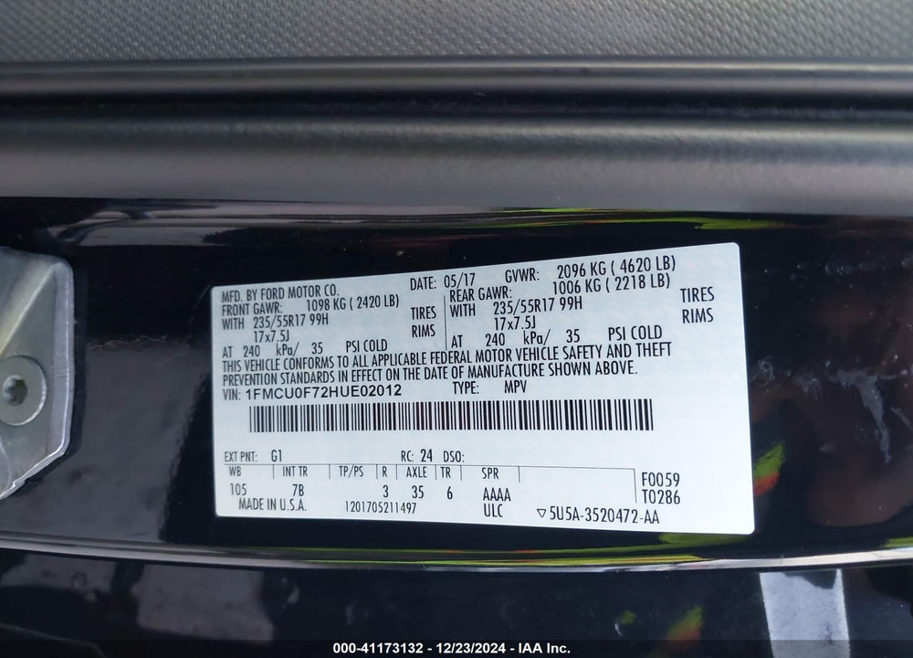 2017 FORD ESCAPE S VIN: 1FMCU0F72HUE02012