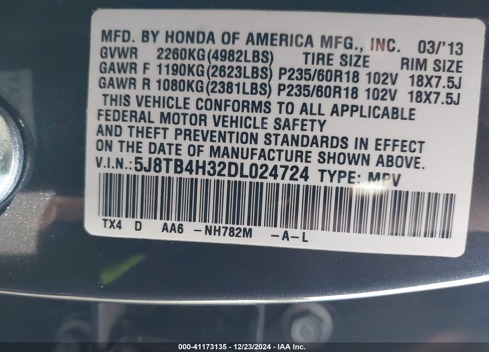 2013 ACURA RDX VIN: 5J8TB4H32DL024724