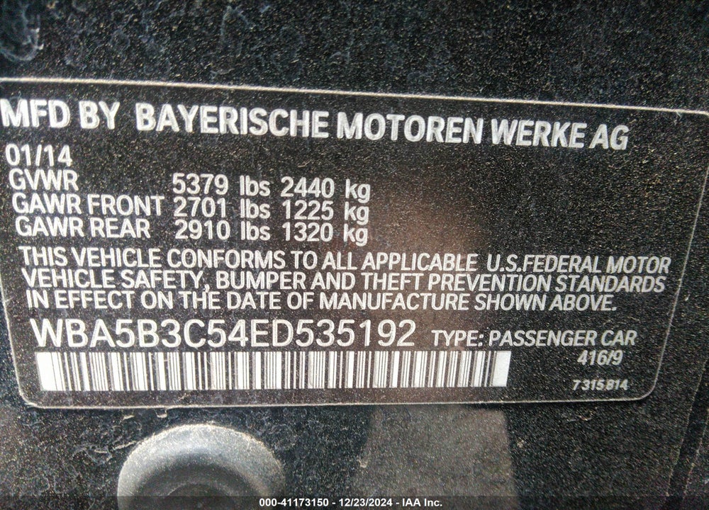 2014 BMW 535 VIN: WBA5B3C54ED535192