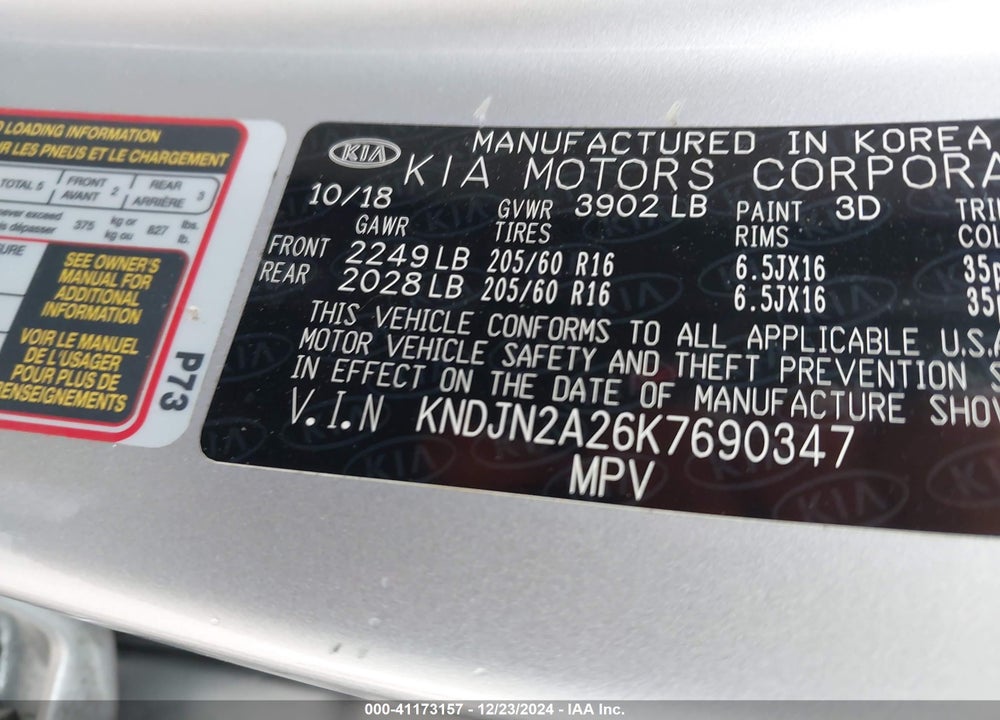 2019 KIA SOUL VIN: KNDJN2A26K7690347