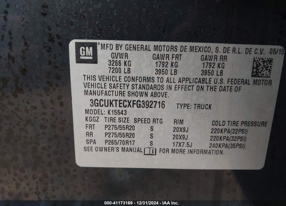 2015 CHEVROLET SILVERADO 1500 HIGH COUNTRY VIN: 3GCUKTECXFG392716