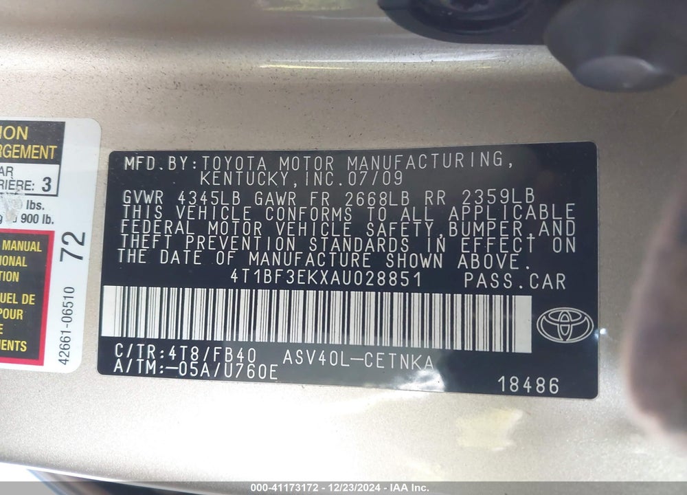 2010 TOYOTA CAMRY LE VIN: 4T1BF3EKXAU028851