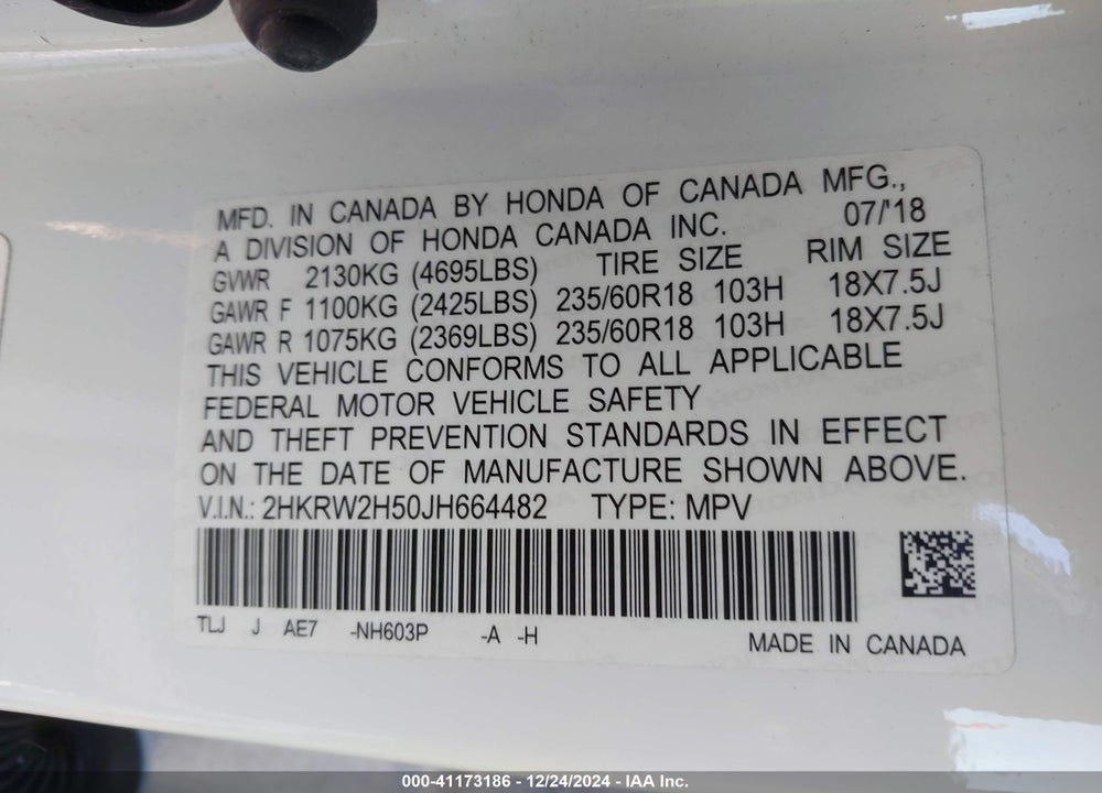 2018 HONDA CR-V EX VIN: 2HKRW2H50JH664482