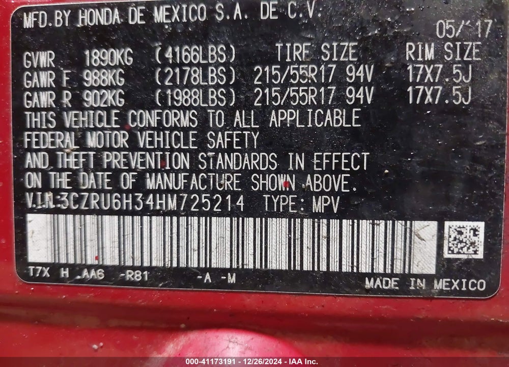 2017 HONDA HR-V LX VIN: 3CZRU6H34HM725214