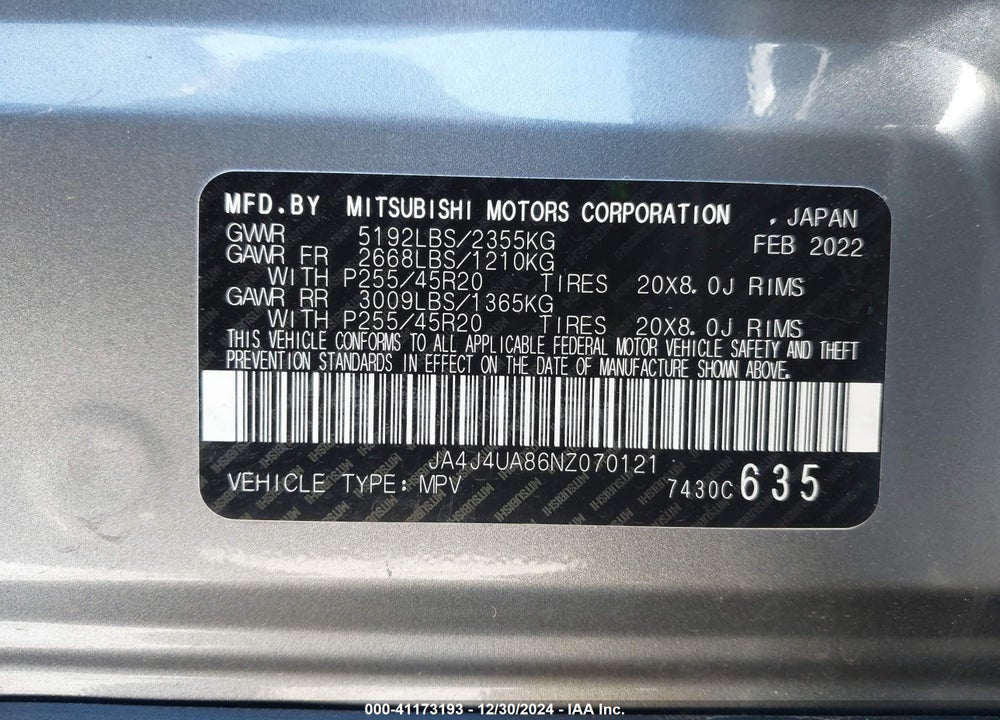 2022 MITSUBISHI OUTLANDER BLACK EDITION S-AWC VIN: JA4J4UA86NZ070121
