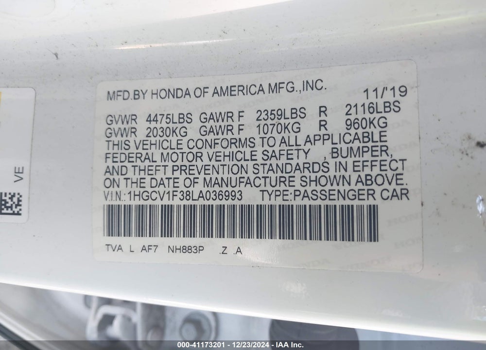 2020 HONDA ACCORD VIN: 1HGCV1F38LA036993