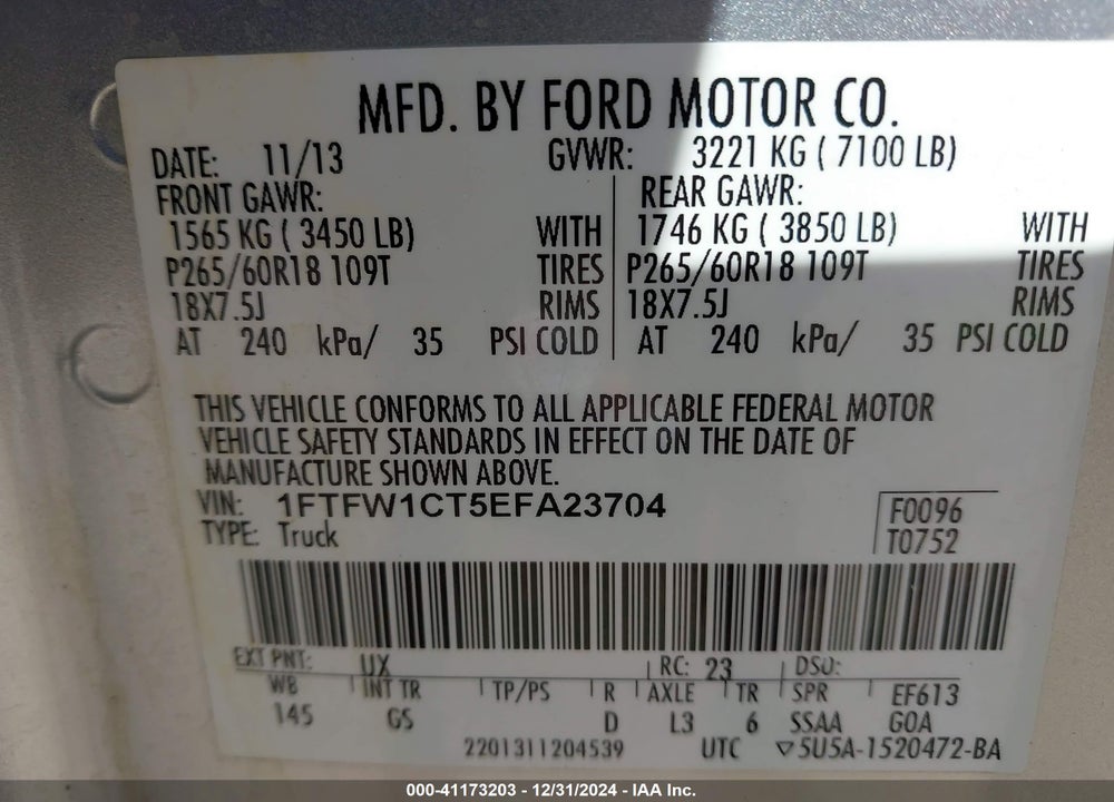 2014 FORD F-150 VIN: 1FTFW1CT5EFA23704