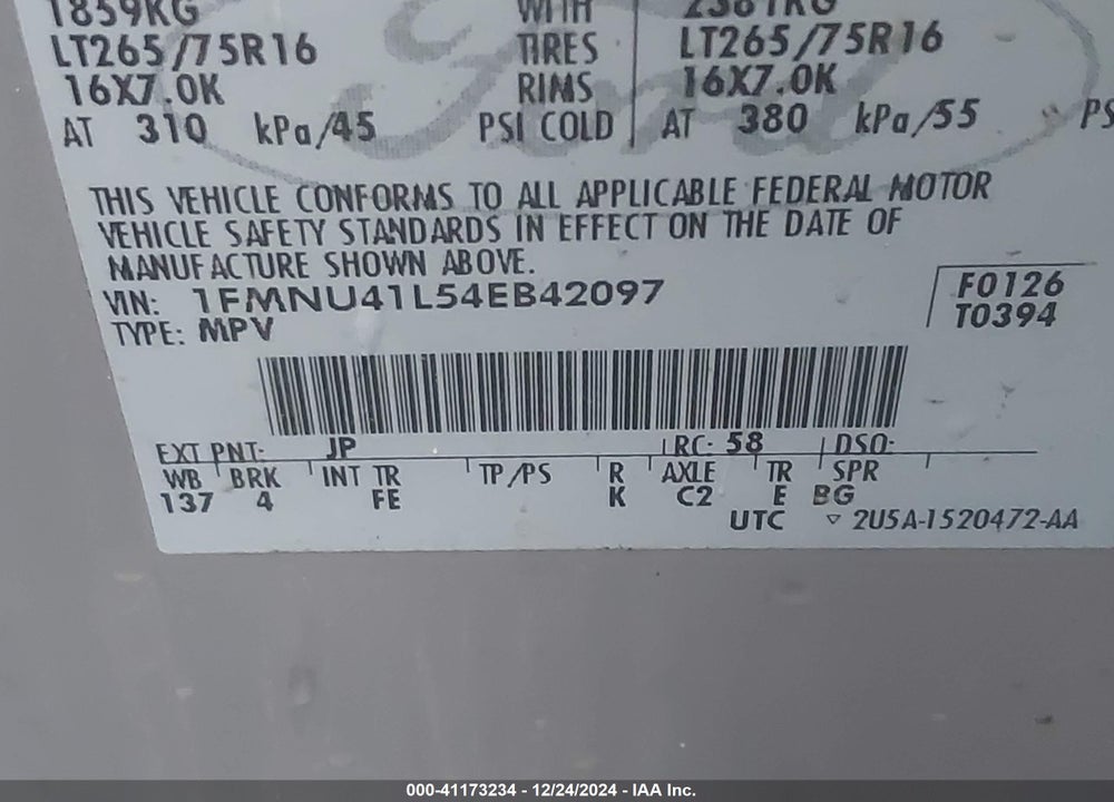2004 FORD EXCURSION XLS/XLT VIN: 1FMNU41L54EB42097