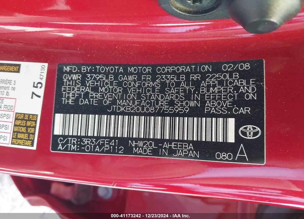 2008 TOYOTA PRIUS VIN: JTDKB20U087755959