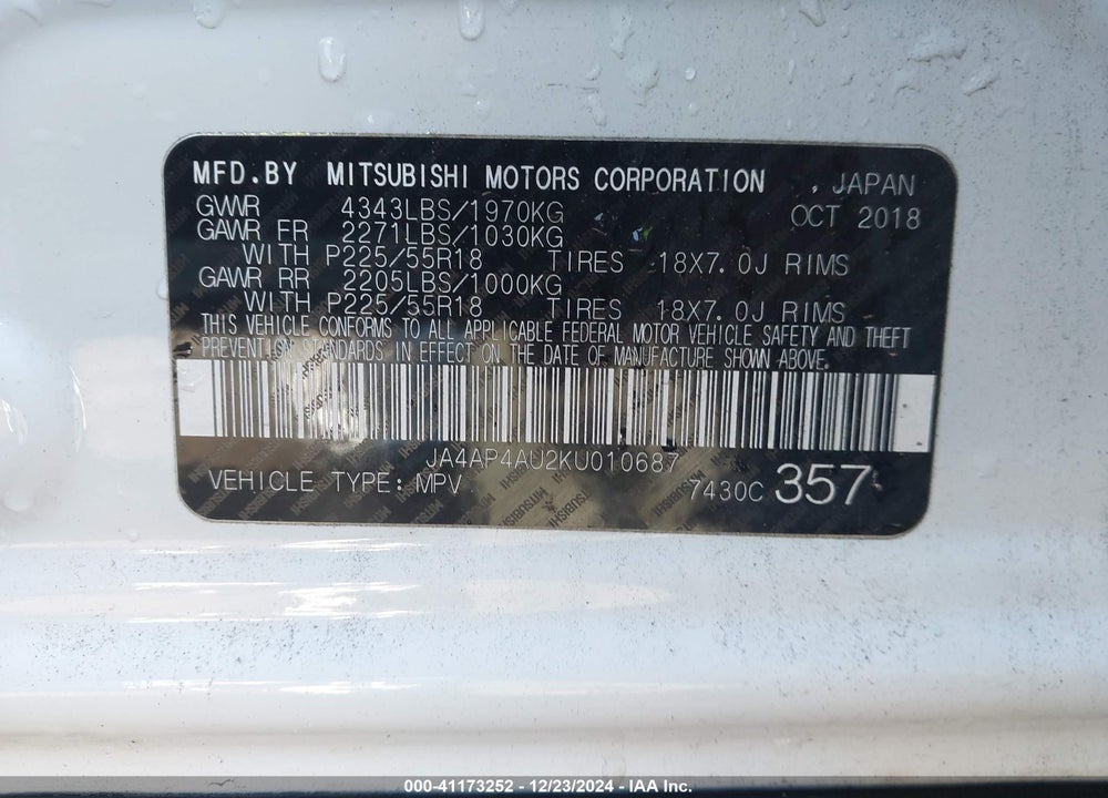 2019 MITSUBISHI OUTLANDER SPORT VIN: JA4AP4AU2KU010687