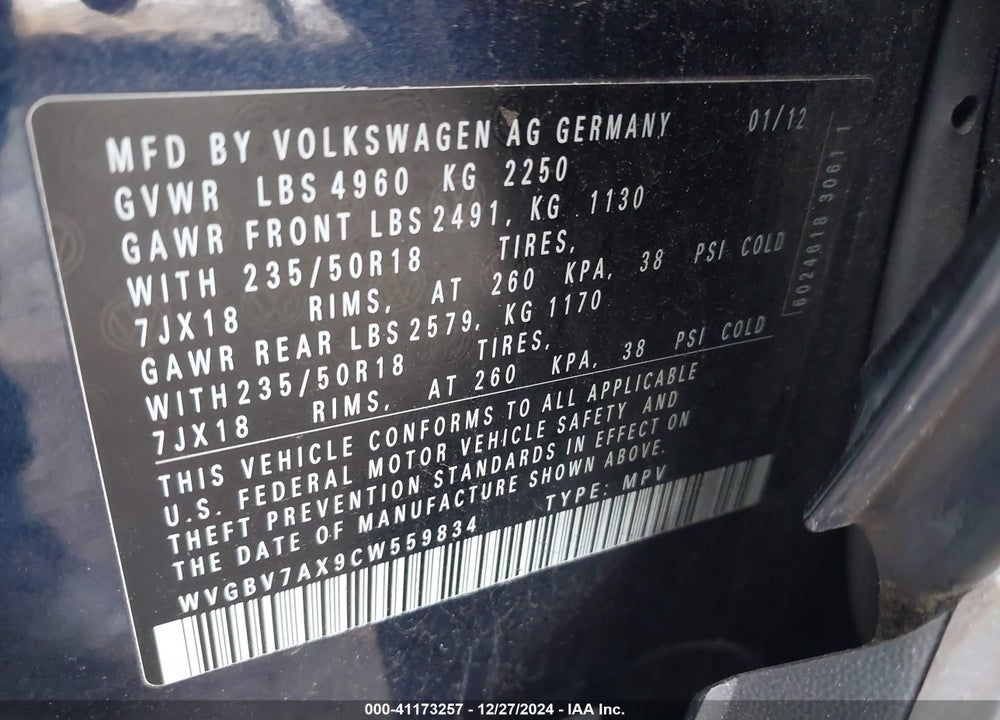 2012 VOLKSWAGEN TIGUAN SE VIN: WVGBV7AX9CW559834