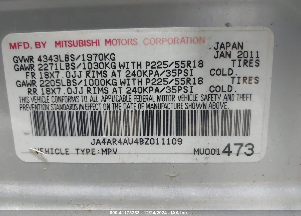 2011 MITSUBISHI OUTLANDER SPORT SE VIN: JA4AR4AU4BZ011109