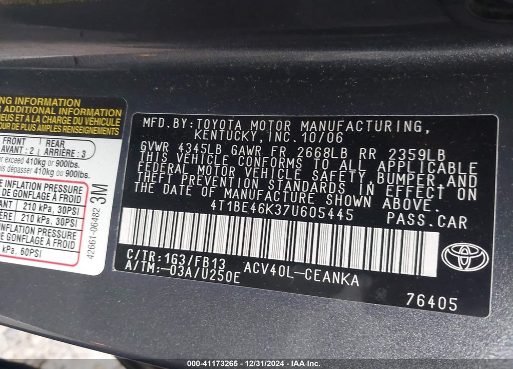 2007 TOYOTA CAMRY LE VIN: 4T1BE46K37U605445