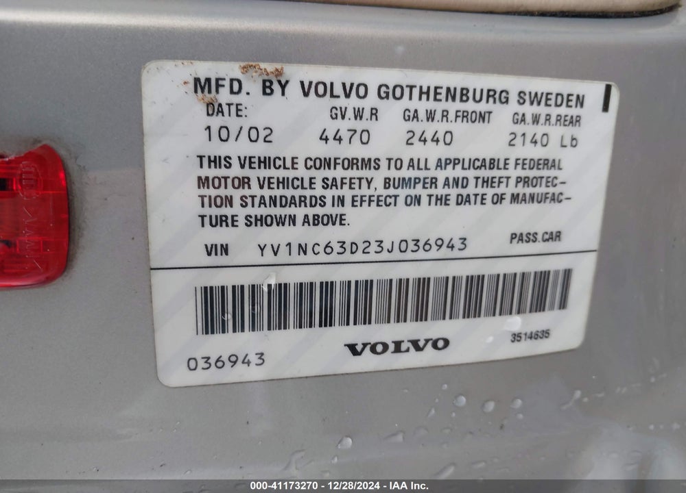 2003 VOLVO C70 LT VIN: YV1NC63D23J036943