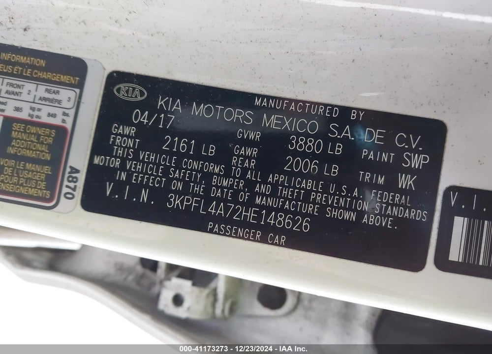 2017 KIA FORTE LX VIN: 3KPFL4A72HE148626