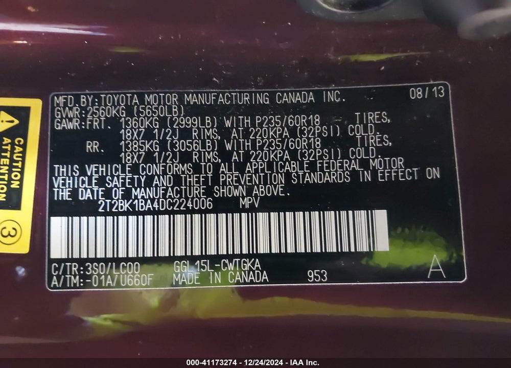 2013 LEXUS RX 350 VIN: 2T2BK1BA4DC224006