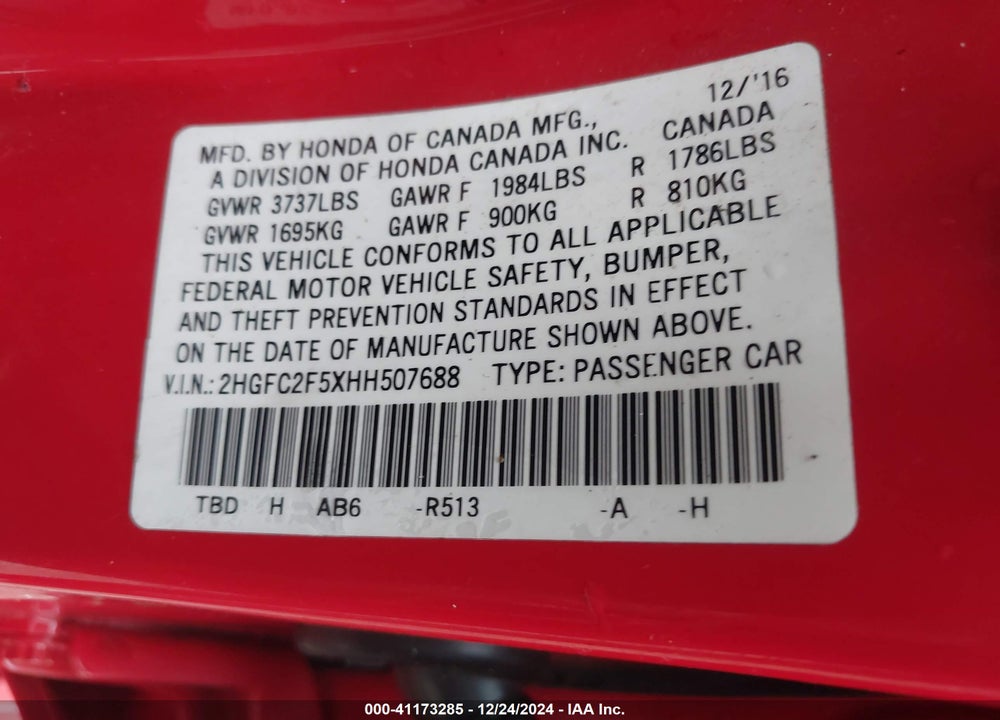 2017 HONDA CIVIC LX VIN: 2HGFC2F5XHH507688