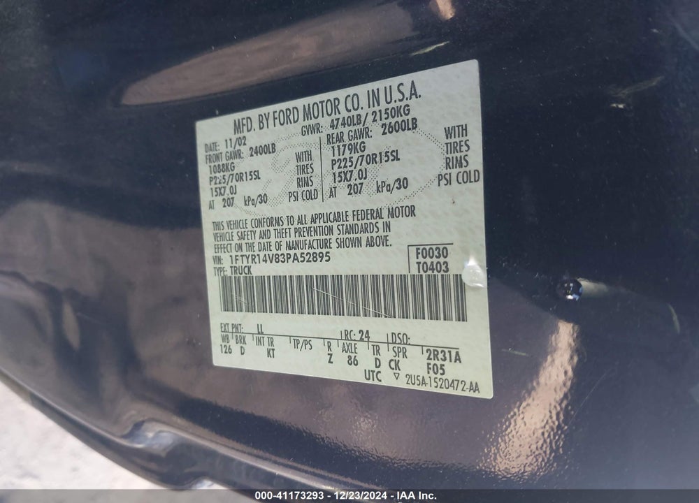 2003 FORD RANGER EDGE/TREMOR/XL/XLT VIN: 1FTYR14V83PA52895