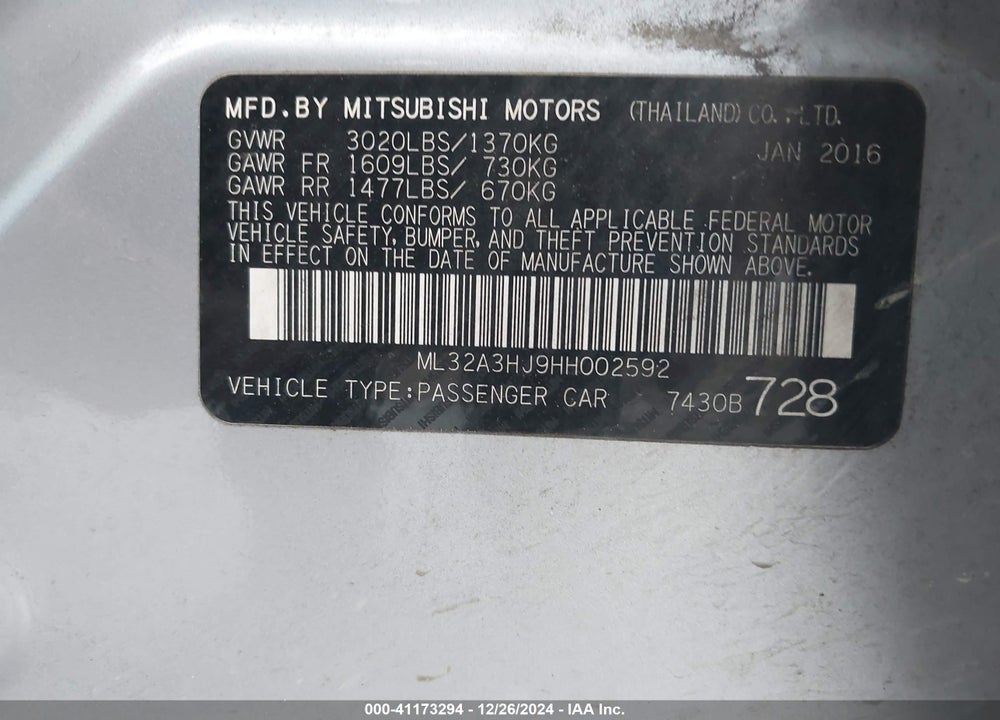 2017 MITSUBISHI MIRAGE VIN: ML32A3HJ9HH002592
